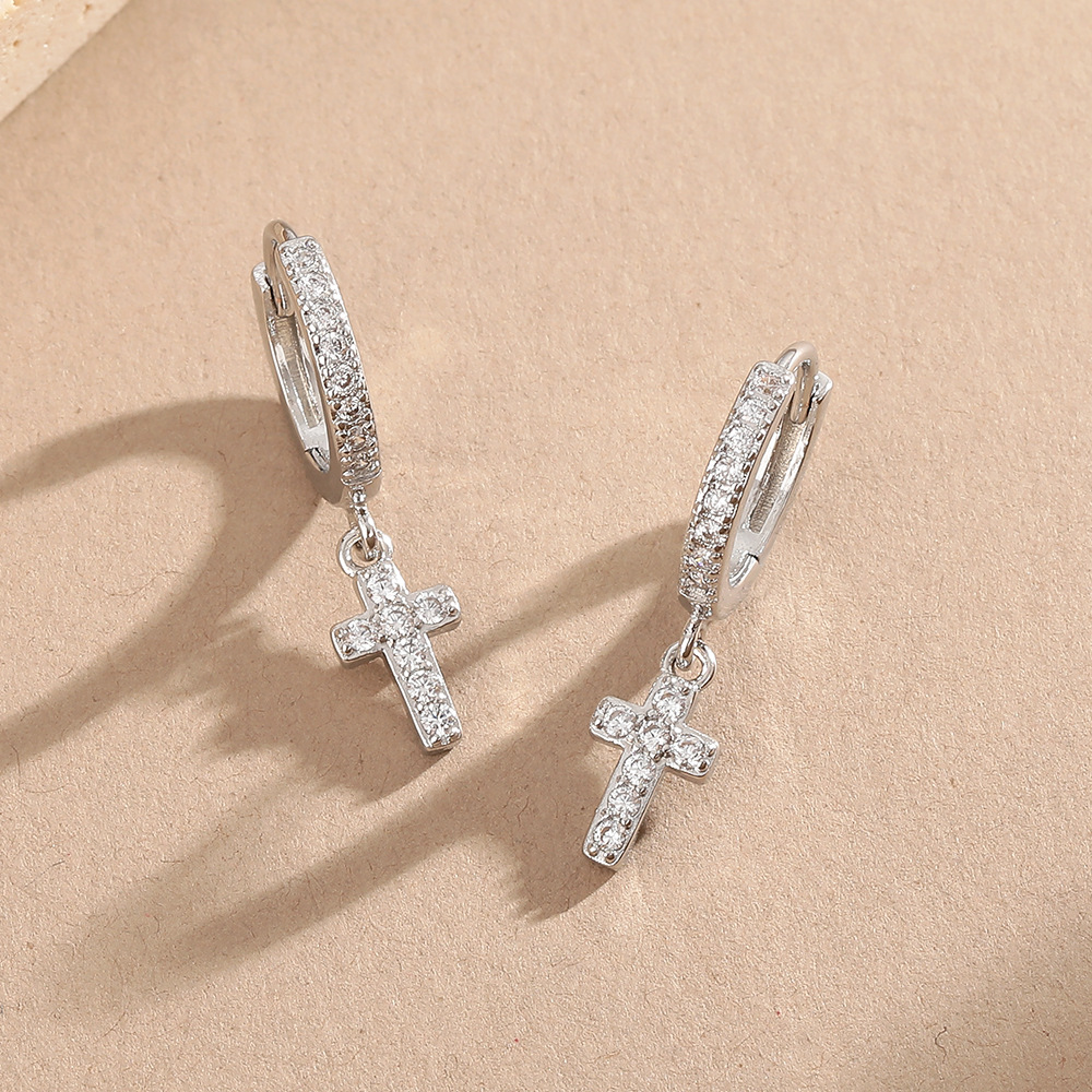 Simple Full Diamond Cross Ear Cuff Unisex Men's Earring Zircon Geometry Earring for Women