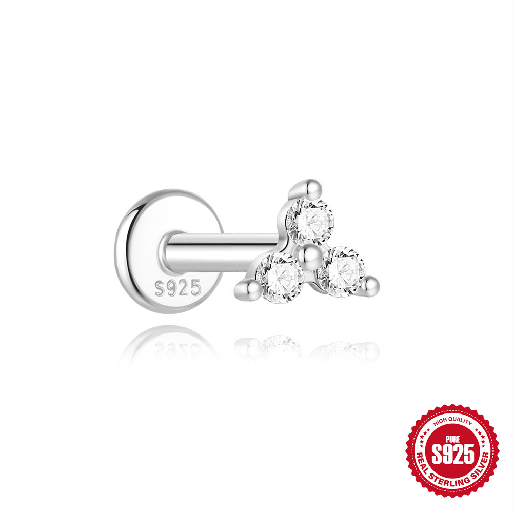 New S925 sterling silver four-claw moissanite flat head threaded cartilage ear stud ear bone stud