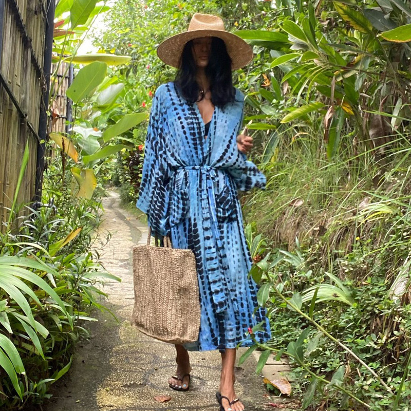 New Rayon Printed Cardigan Loose Sun Protection Beach Jacket Cardigan Bikini Swimsuit Cover Up Outer Layer