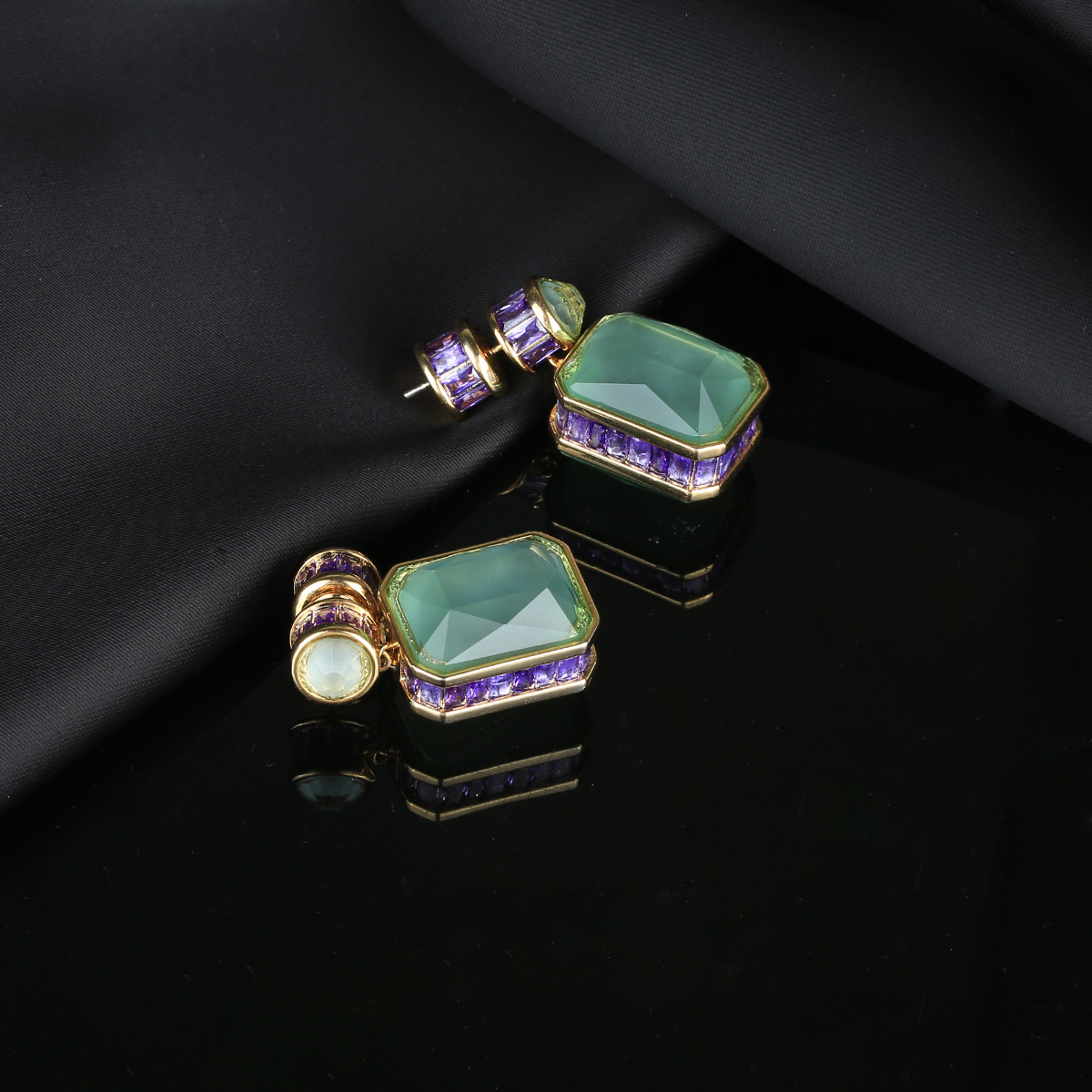 Long gemstone inlaid zircon earrings ear accessories Chinese style three-dimensional geometric earrings