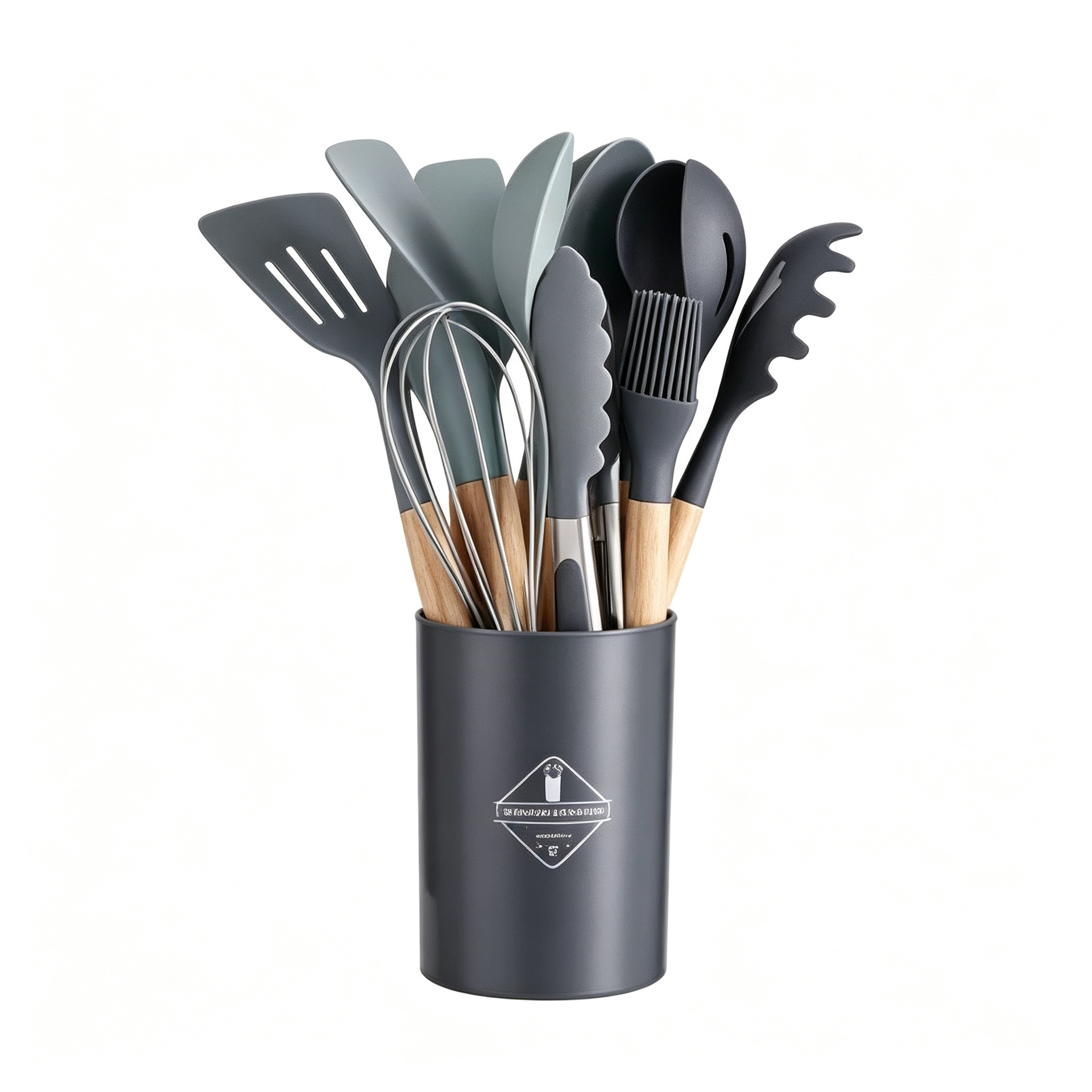 Wooden Handle Silicone Kitchen Utensils 12-Piece Set Non-Stick Pan Spatula Skimmer Ladle Cooking Tool Set