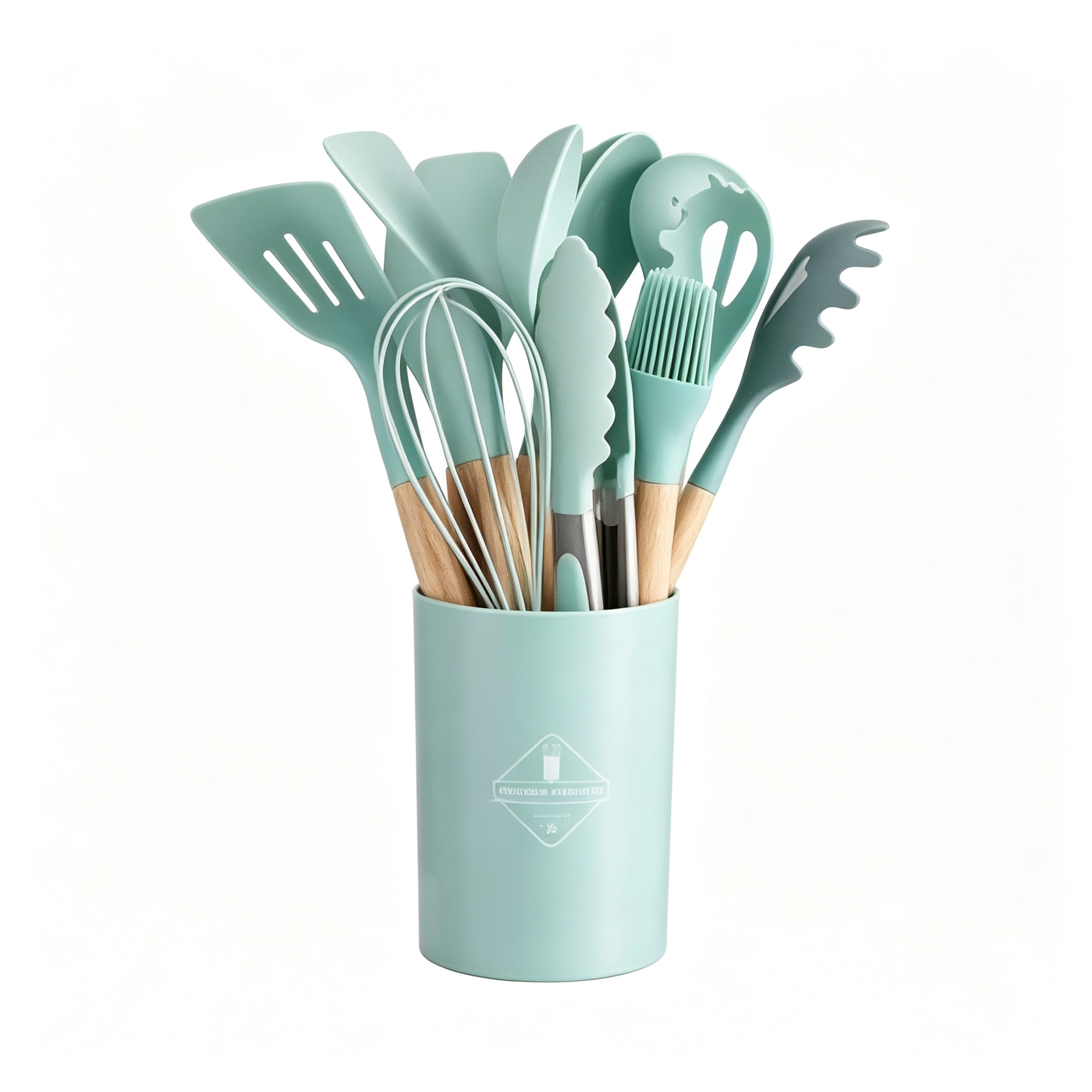Wooden Handle Silicone Kitchen Utensils 12-Piece Set Non-Stick Pan Spatula Skimmer Ladle Cooking Tool Set