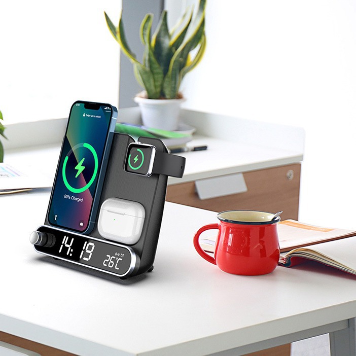 New 15W Wireless Charger Clock Watch Earphone 3-in-1 Wireless Charger Clock Alarm Clock Thermometer Wireless Charger with