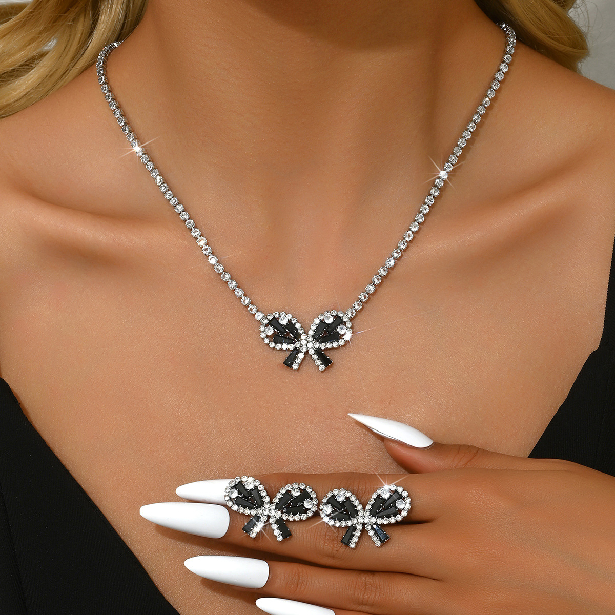 Jewelry Set Sweet Simple Bow Necklace Earrings Two-Piece Wedding Dress Exquisite Accessories