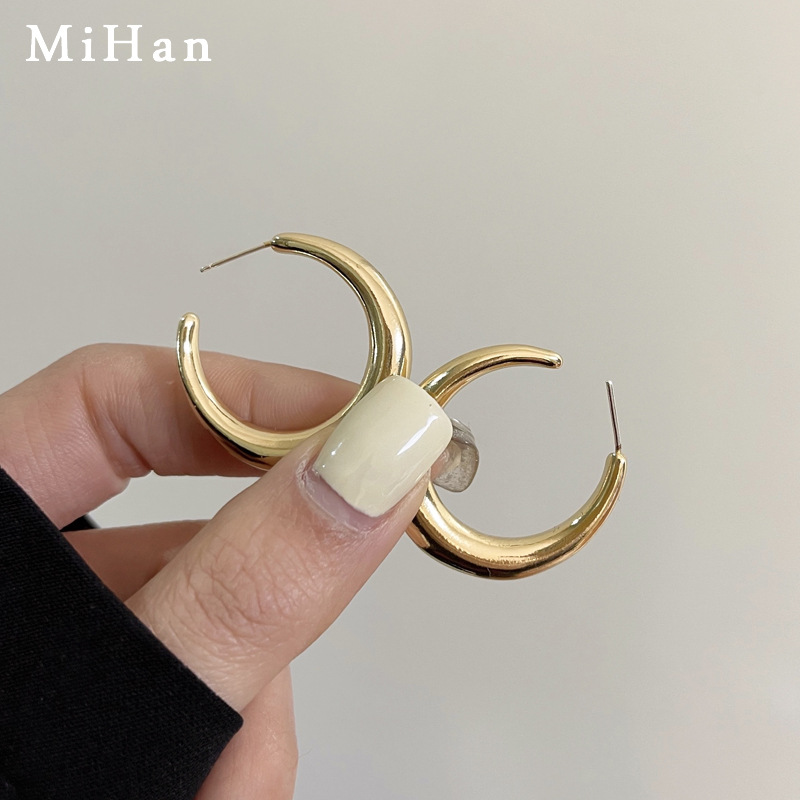 S925 silver needle C-shaped ear studs hip-hop grid earrings simple size ear accessories 6383