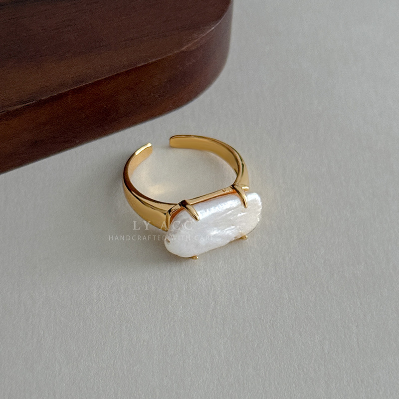Natural Rectangular Irregular Baroque Pearl Open Ring for Women, Niche and Simple Ring