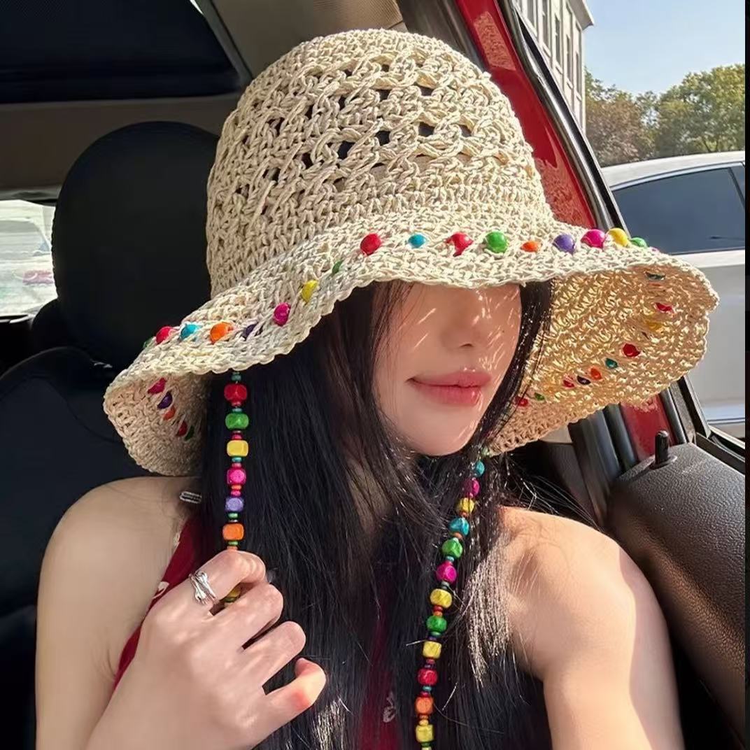 彩珠草帽-米色带绳