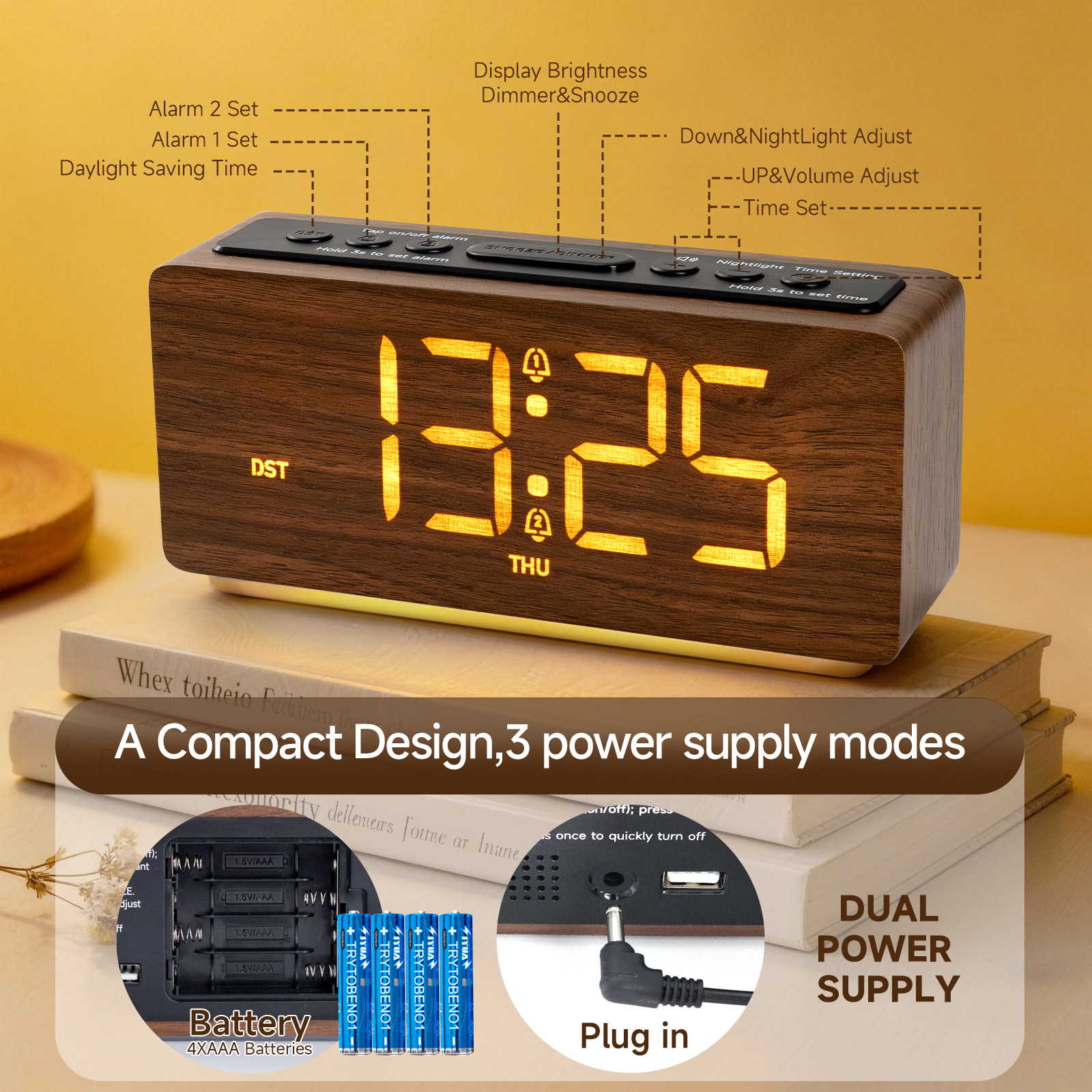 New Nordic Japanese-style wooden alarm clock, wood grain clock, luminous bedside study LED electronic clock