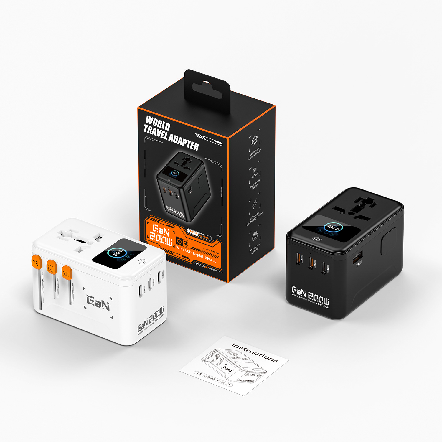 New PD200W Display Digital Animation GaN Fast Charging Converter Socket Global Travel Adapter Plug