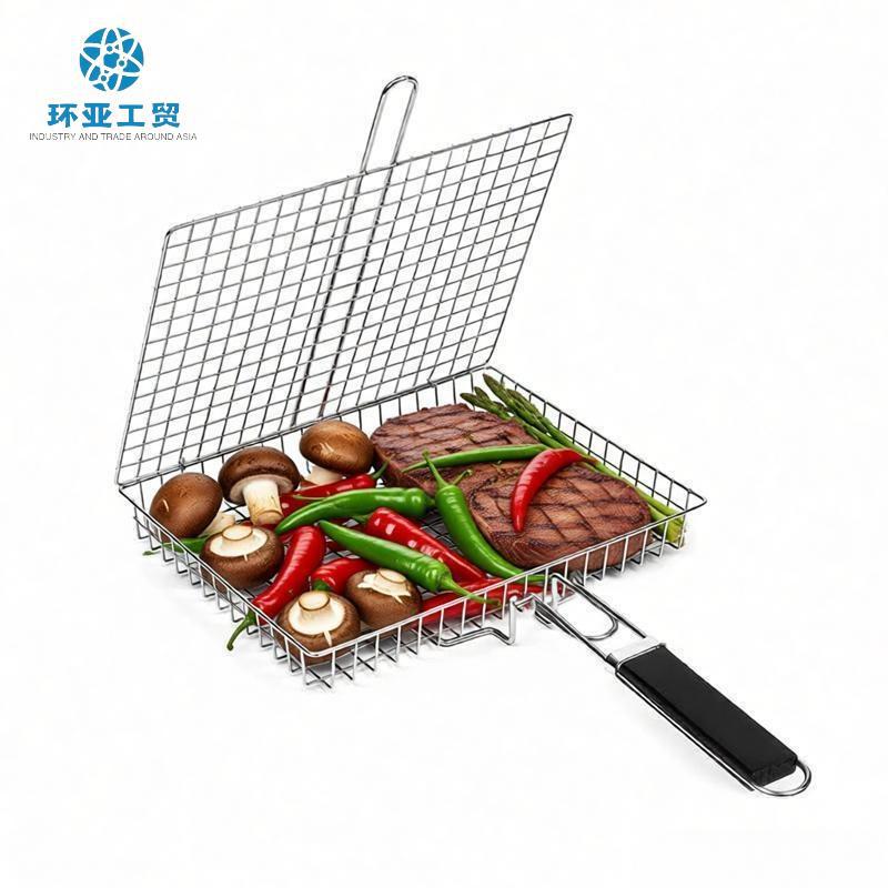 BBQ Stainless Steel Folding Handle Grill Tongs Outdoor Multi-functional BBQ Net Grilled Fish Vegetable Barbecue Tool