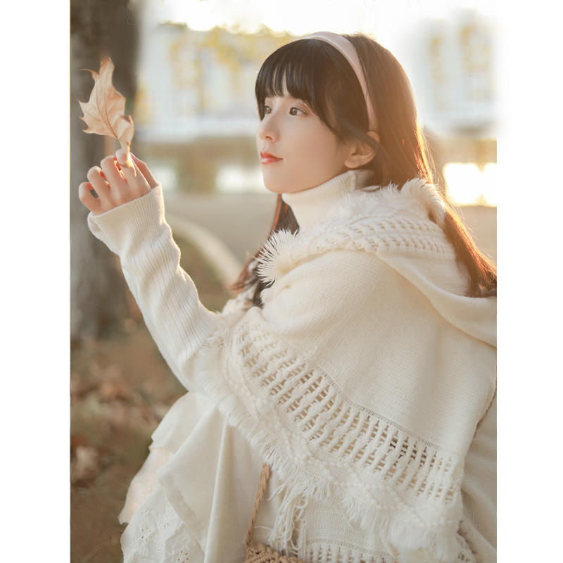 Button Shawl Bohemian Fringe Sweater Knit Top Yunnan Qinghai Travel Pullover Hooded Cape Spring Autumn Women