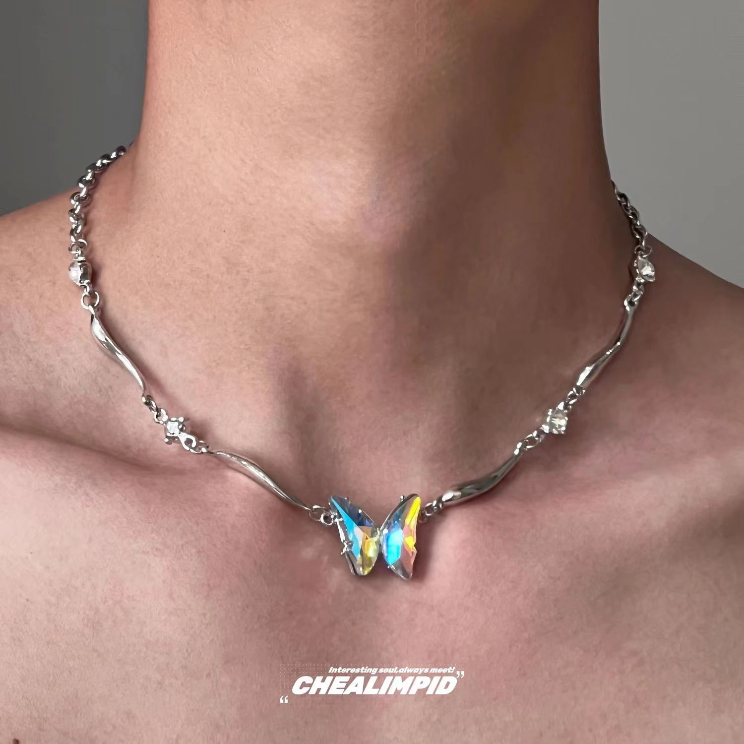 Sweet Punk Leather Metal Necklace Wrapped Choker Collar Punk Butterfly Y2K Collarbone Chain