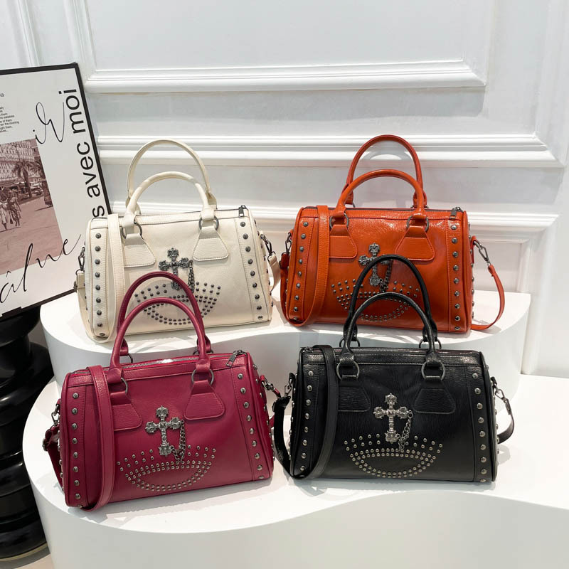 Large Capacity Punk Style Commuter Boston Cylinder Handheld Bag for Women Niche Rivet Shoulder Bag