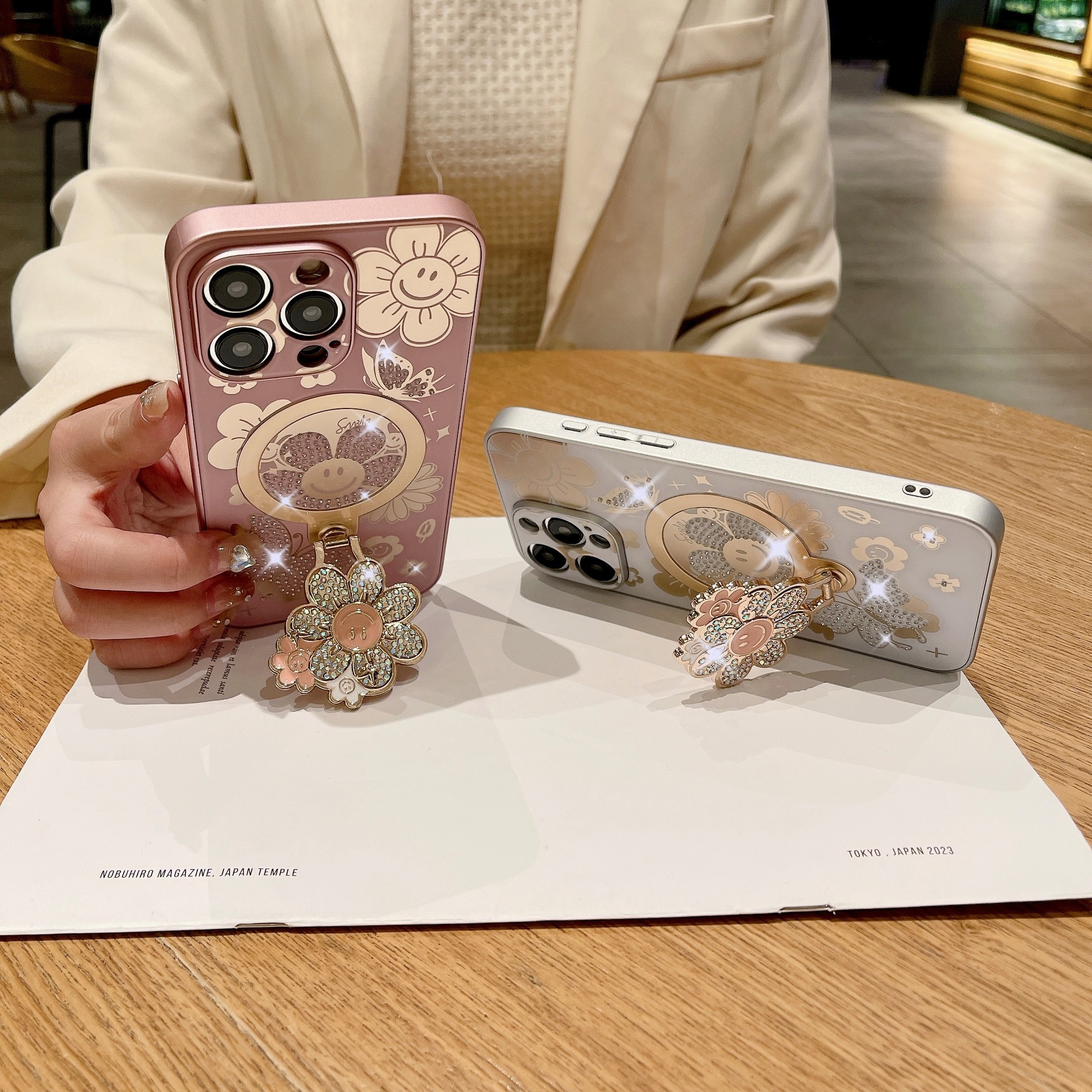 Compatible with iPhone 17 Pro Max phone case Apple 15 14 13 protective case rhinestone butterfly like flower magnetic bracket