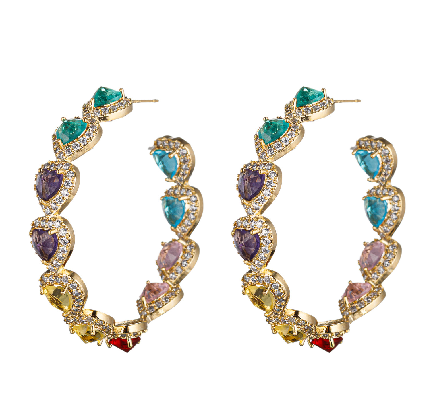 New heavy craft C-shaped colorful micro-set earrings S925 silver needle large earrings ear jewelry