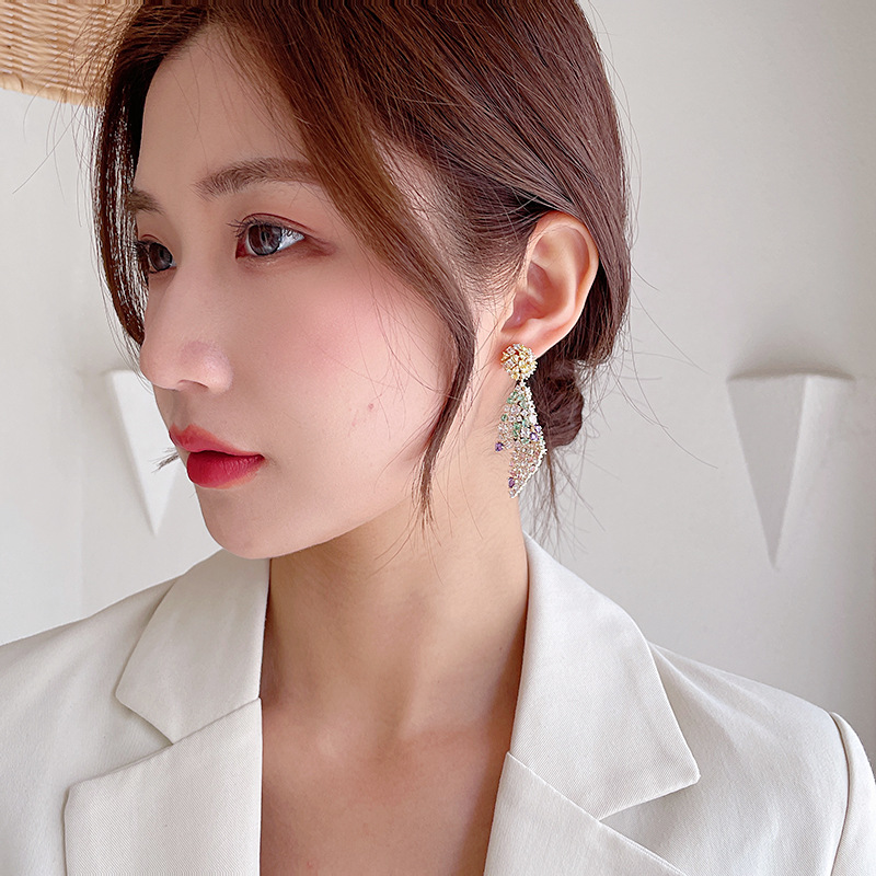 Heavy Craft Color Zircon Earrings Exaggerated Zircon Earrings for Women 925 Silver Needle Conch Earrings