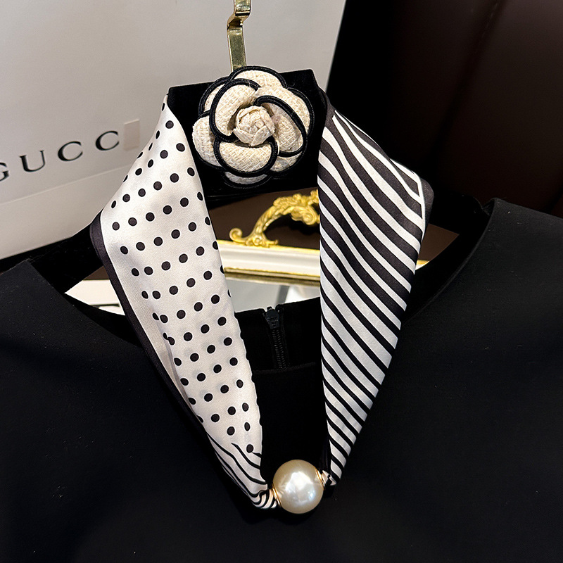 Pearl necklace magnetic buckle narrow small silk scarf for women, neck protection professional decorative collarbone matching shirt thin scarf