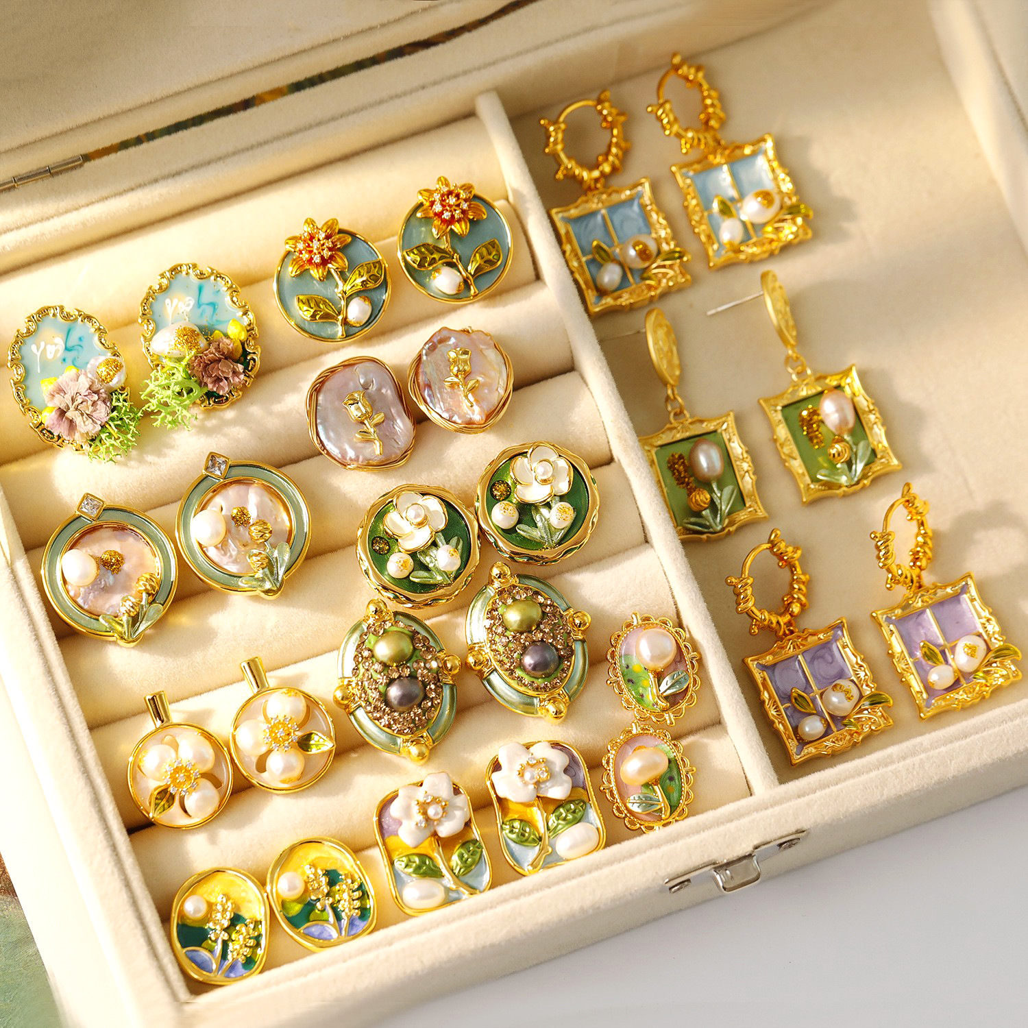 Monet Garden Oil Painting Style Earrings Baroque Natural Pearl Earrings Women Handmade DIY Vintage Ear Studs