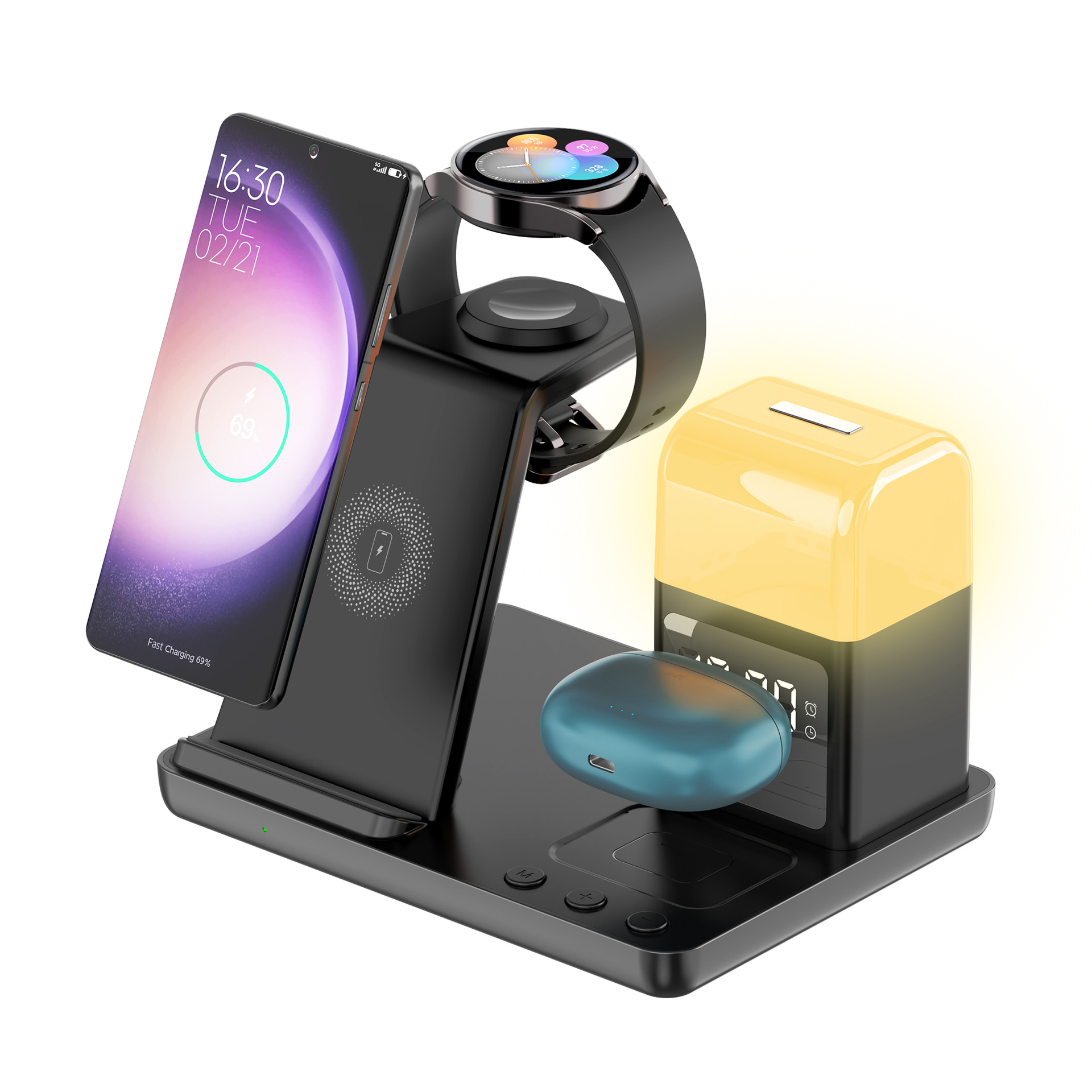 Wireless Charger Multifunctional Night Light Alarm Clock for Samsung Watch Apple Phone Earphones