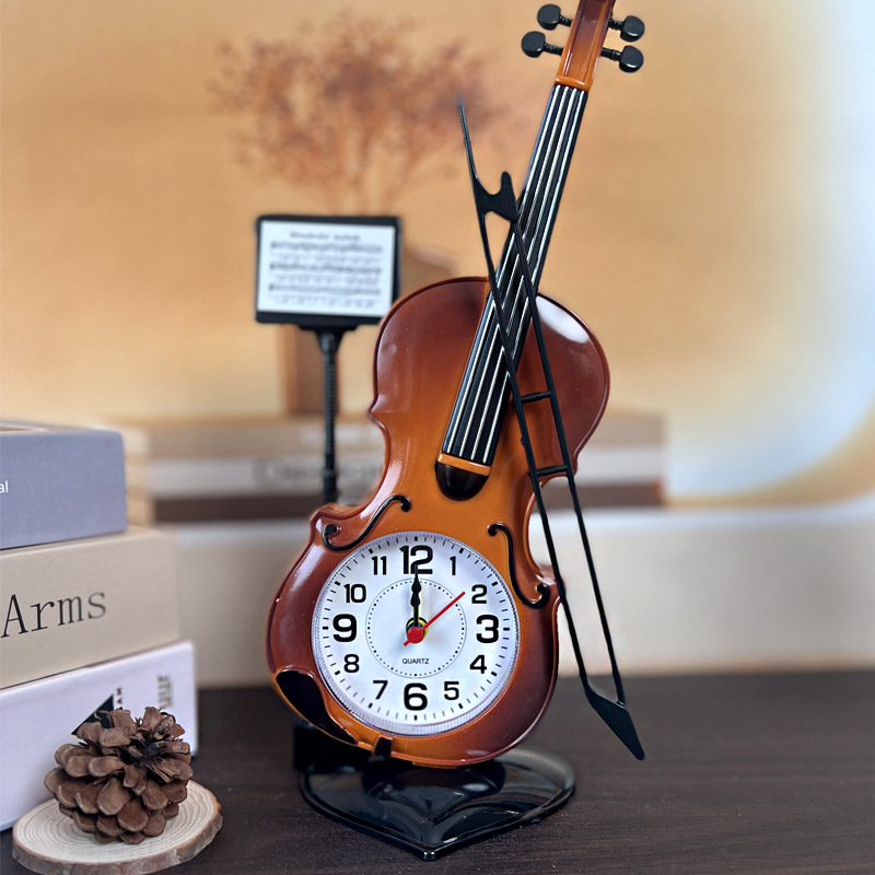 ZH888 Student Desktop Ornament Clock Large Violin Plastic Alarm Clock Couple Friend Classmate Gift