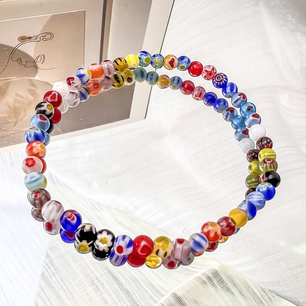 Dopamine-Style Handcrafted Glass Bead Stretch Bracelet with Daisy Pattern for Women—Layered Bracelet Set