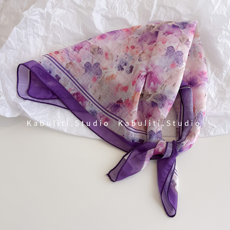 Silk scarf women's cotton linen small square scarf, sweet crushed flower headwrap sun protection decorative photo air-conditioned room shawl