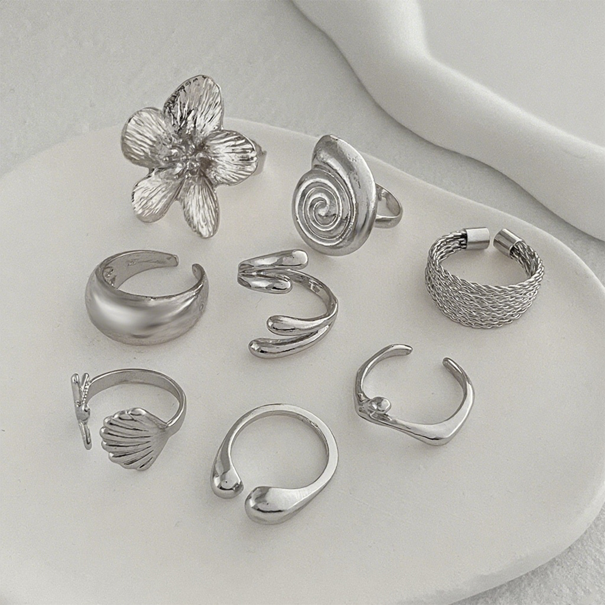 Ocean resort style conch shell ring set metal flower open ring for women