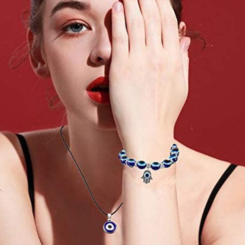 Alloy Evil Eye Pendant Necklace 8mm Round Bead Evil Blue Eye Resin Beaded Bracelet
