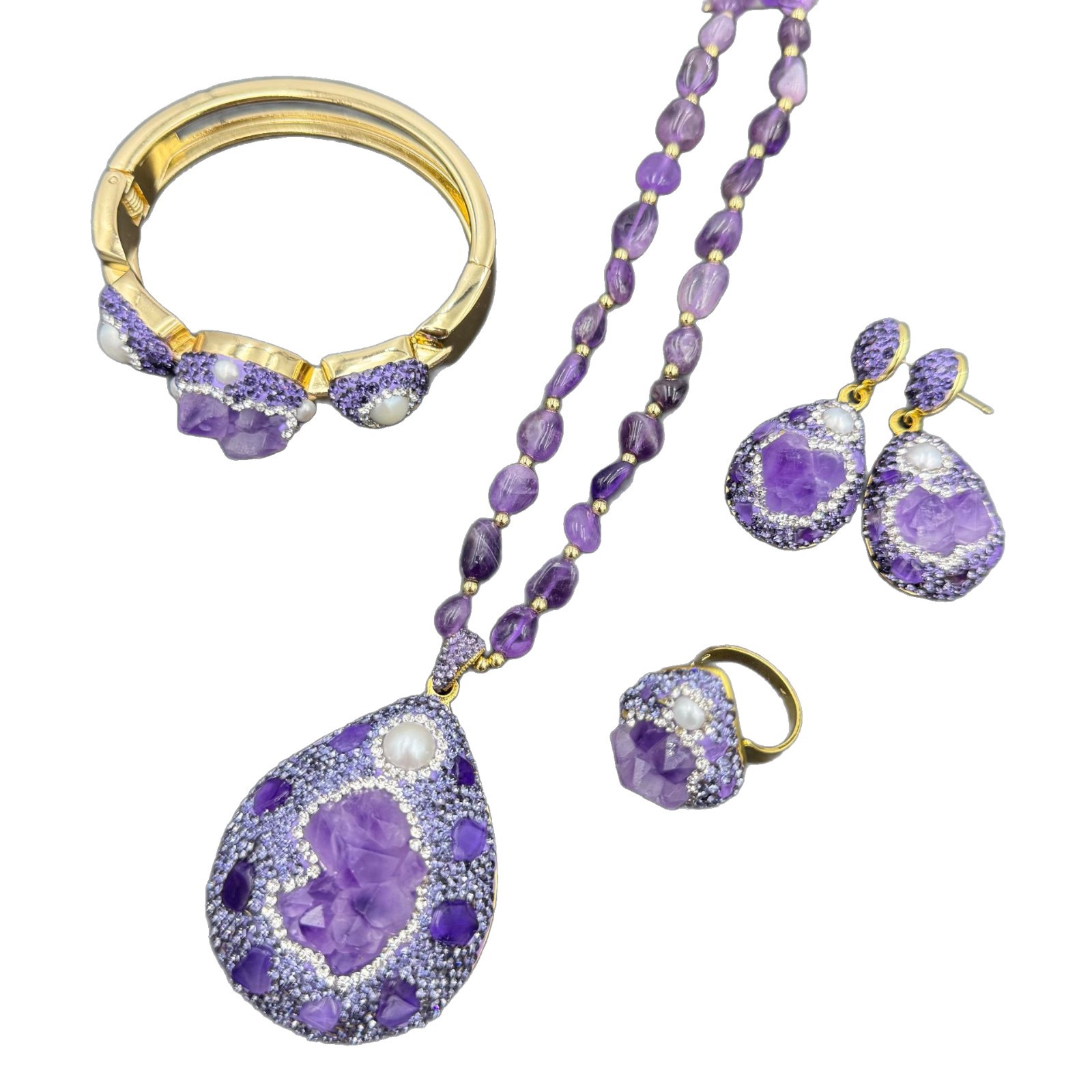 Natural Raw Stone Amethyst Necklace Czech Diamond Inlay Four-Piece Set Niche Raw Ore Accessories Live Stream Wholesale