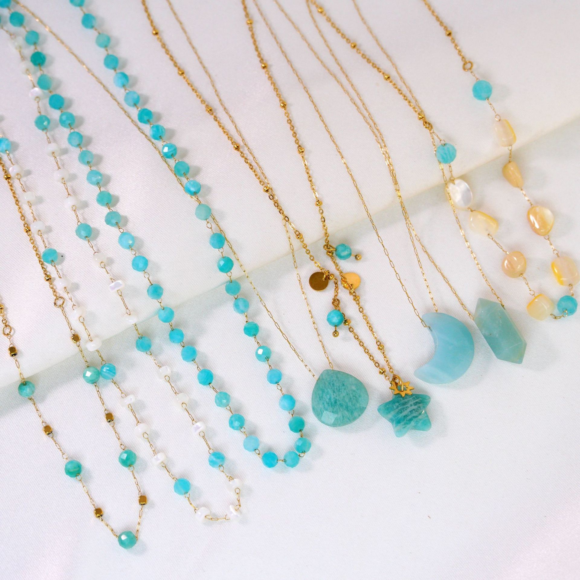Blue Series Amazonite Stainless Steel 14K Gold Necklace Simple Handmade Necklace