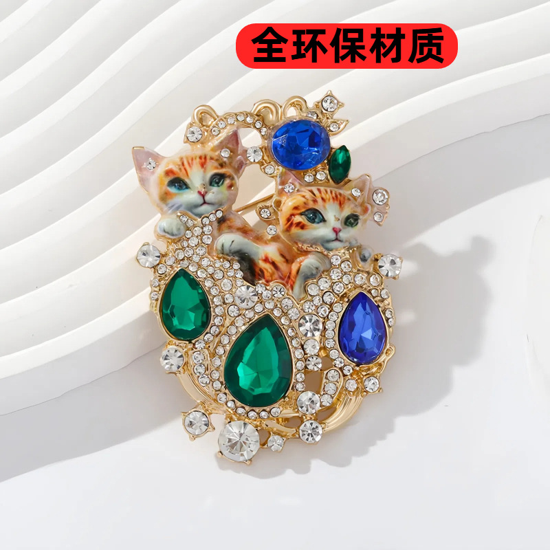 Rhinestone Double Cat Brooch Cute Animal Eco-Friendly Corsage Women's Pin Accessory