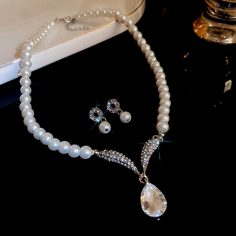 6#2件套银色水滴珍珠耳钉项链