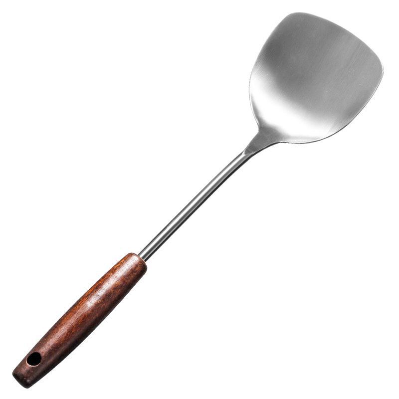 Stainless steel spatula with wooden handle, soup spoon, household kitchen anti-scalding cooking spatula, cooking utensil set