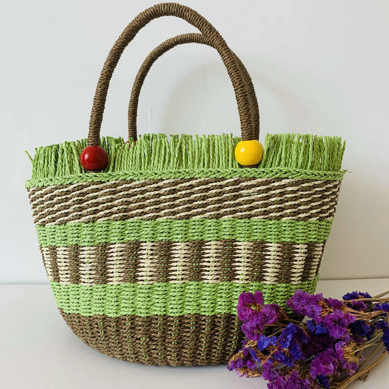 Rural vacation style beach bag, basket handbag, wooden bead straw woven bag, new twill woven bag, multiple colors