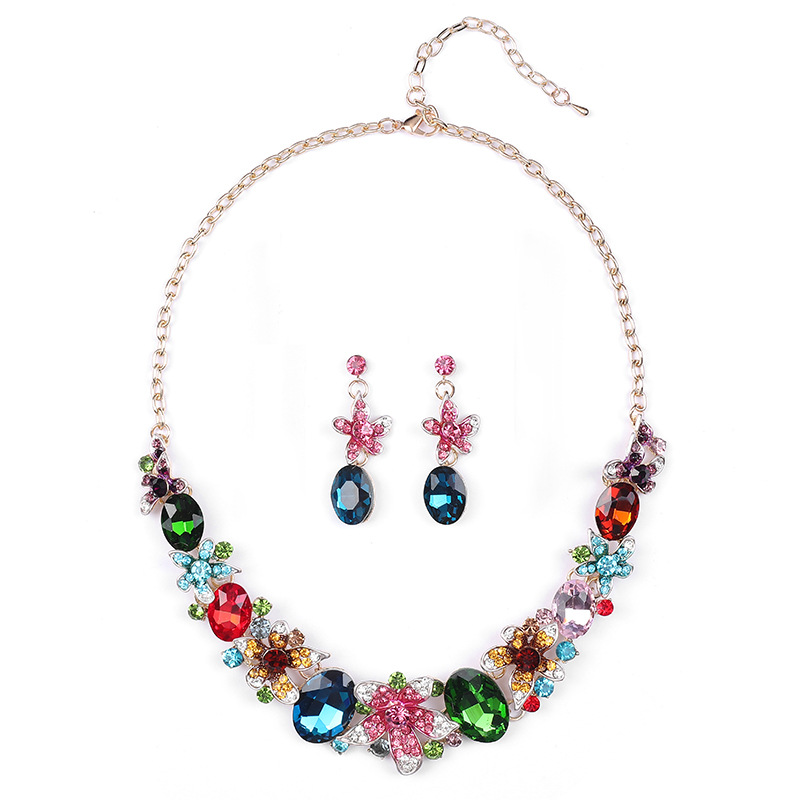 Exaggerated Necklace Earring Two-Piece Crystal Colorful Oil Painting Jewelry Set Straight Hair