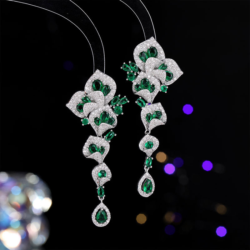 Heavy Craft Earrings Dress Matching Petal Long Elegant Flower Zircon Earrings