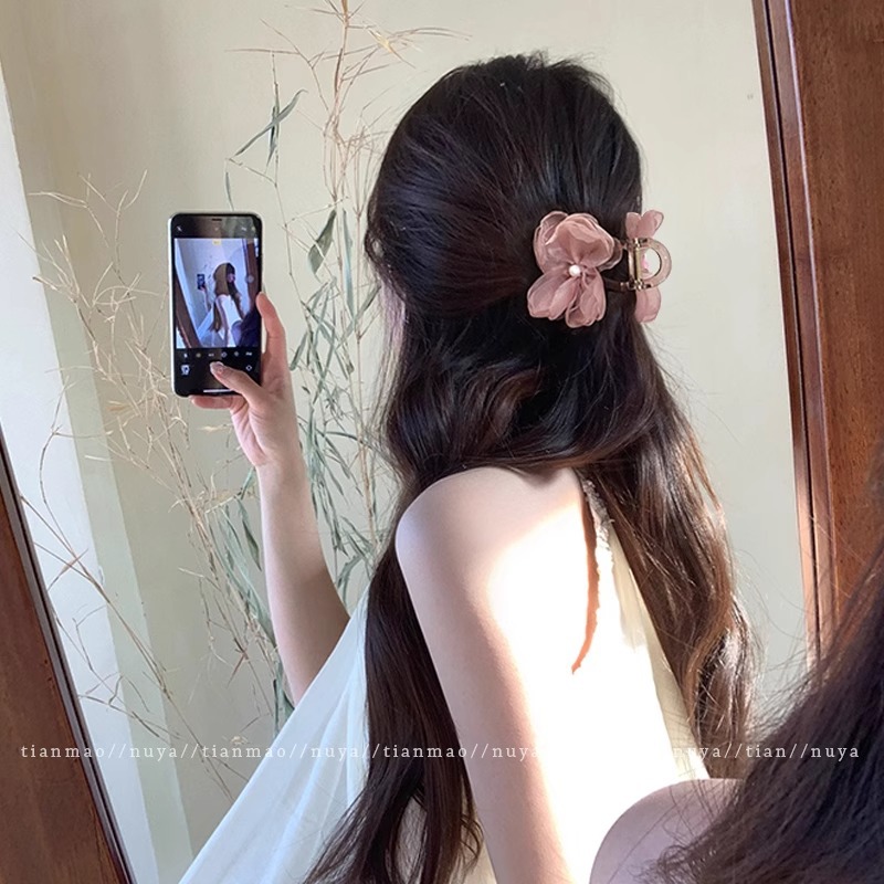 Cherry blossom half up claw clip for women 2025 new flower hair clip back of head new Chinese style shark clip