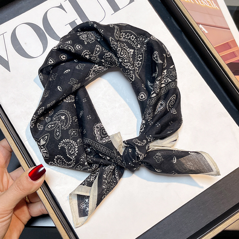 Silk cotton! 【Wander】vintage black and white mulberry silk organic cotton scarf for women, small square scarf