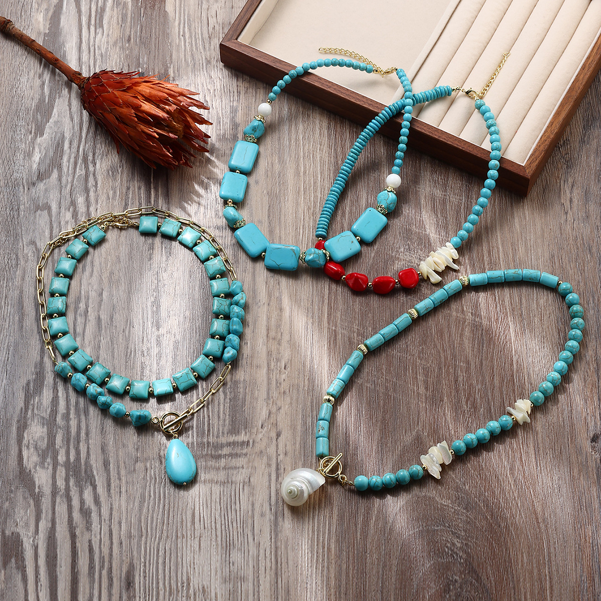 Turquoise necklace Bohemian ethnic style double-layer stacked drop turquoise necklace