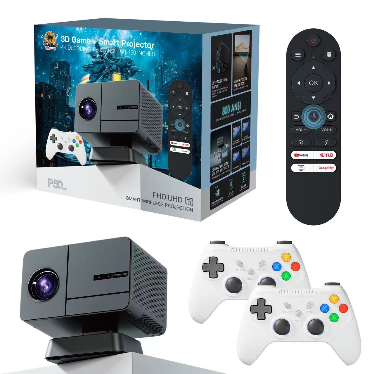 P50Max Projector Game Controller Set Android WiFi Auto Focus 400ANSI Projector