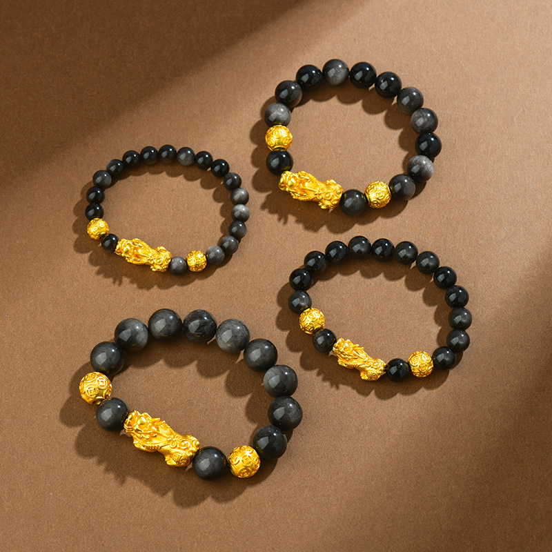 Natural Obsidian Sand Gold Pixiu Bracelet Money Beads Unisex Couple Bracelet Copper Plated Leather