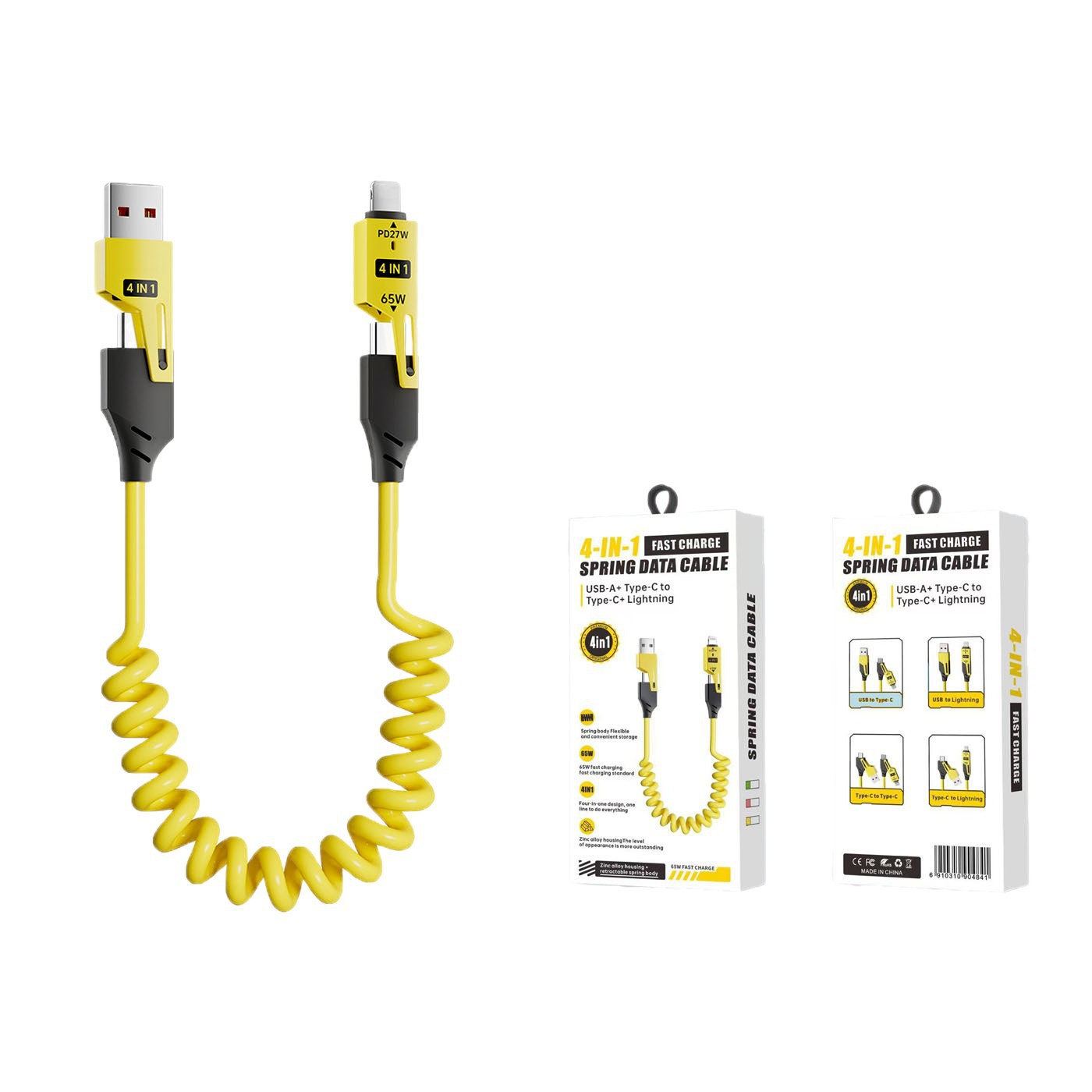 Car 65W Spring Data Cable 4-in-1 Convenient Retractable Fast Charging Cable for Huawei Apple Charging Cable