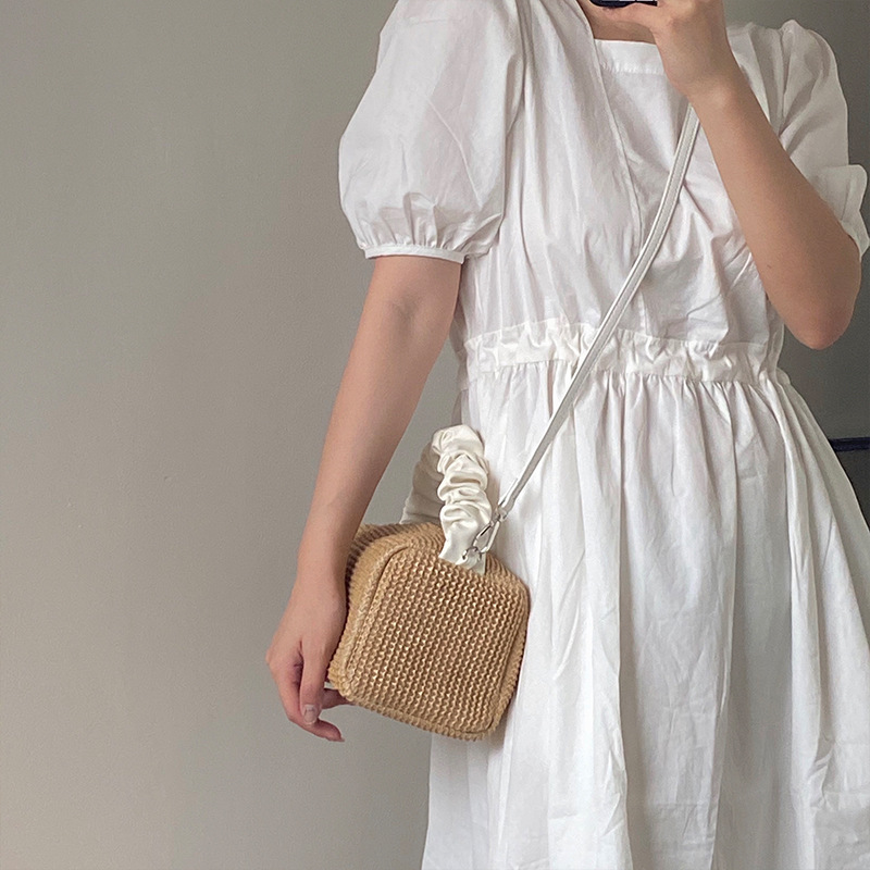 Summer Straw Bag for Women 2026 New Girl's Pleated Contrast Color Handheld Square Bag Crossbody Bag