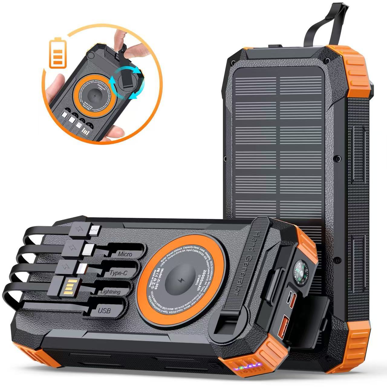 2025 new hand-crank solar charging bank four-line outdoor power bank 20000mAh magnetic wireless