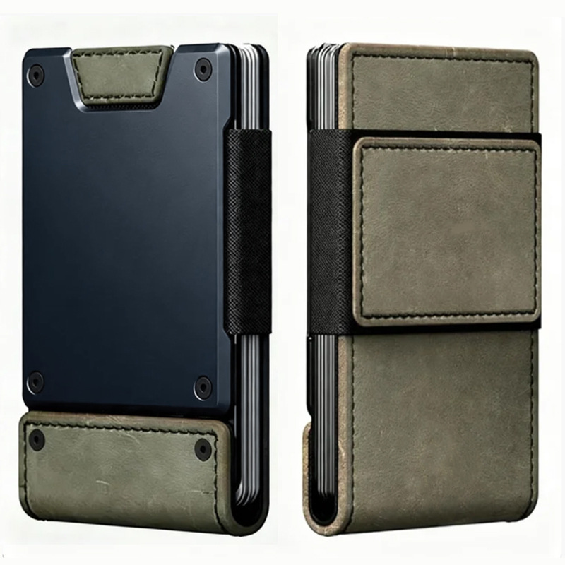 Tactical Metal Card Holder Men's Minimalist Wallet Crazy Horse Leather RFID Anti-Theft Card Case Aluminum Alloy Hardcore Money Clip