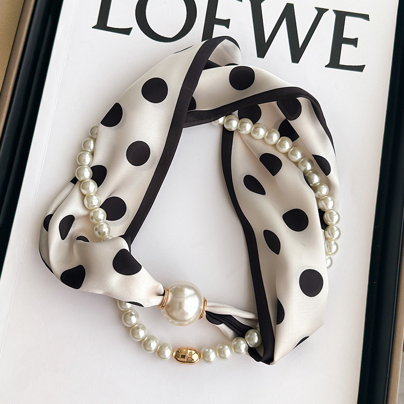 Pearl necklace magnetic buckle narrow small silk scarf for women, neck protection professional decorative collarbone matching shirt thin scarf