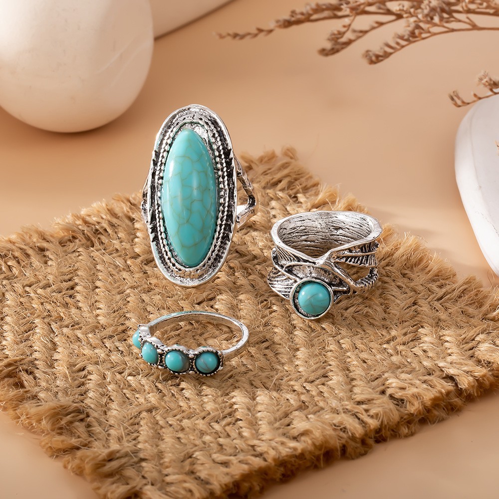 Ethnic Style Turquoise Carved Feather Ring 8-Piece Combination Ring Set