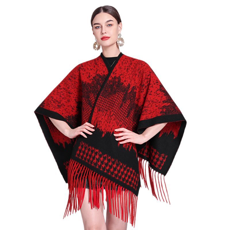 Autumn Winter New Plaid Shawl Outer Wear Tassel Shawl Cape Cape Scarf Coat Women