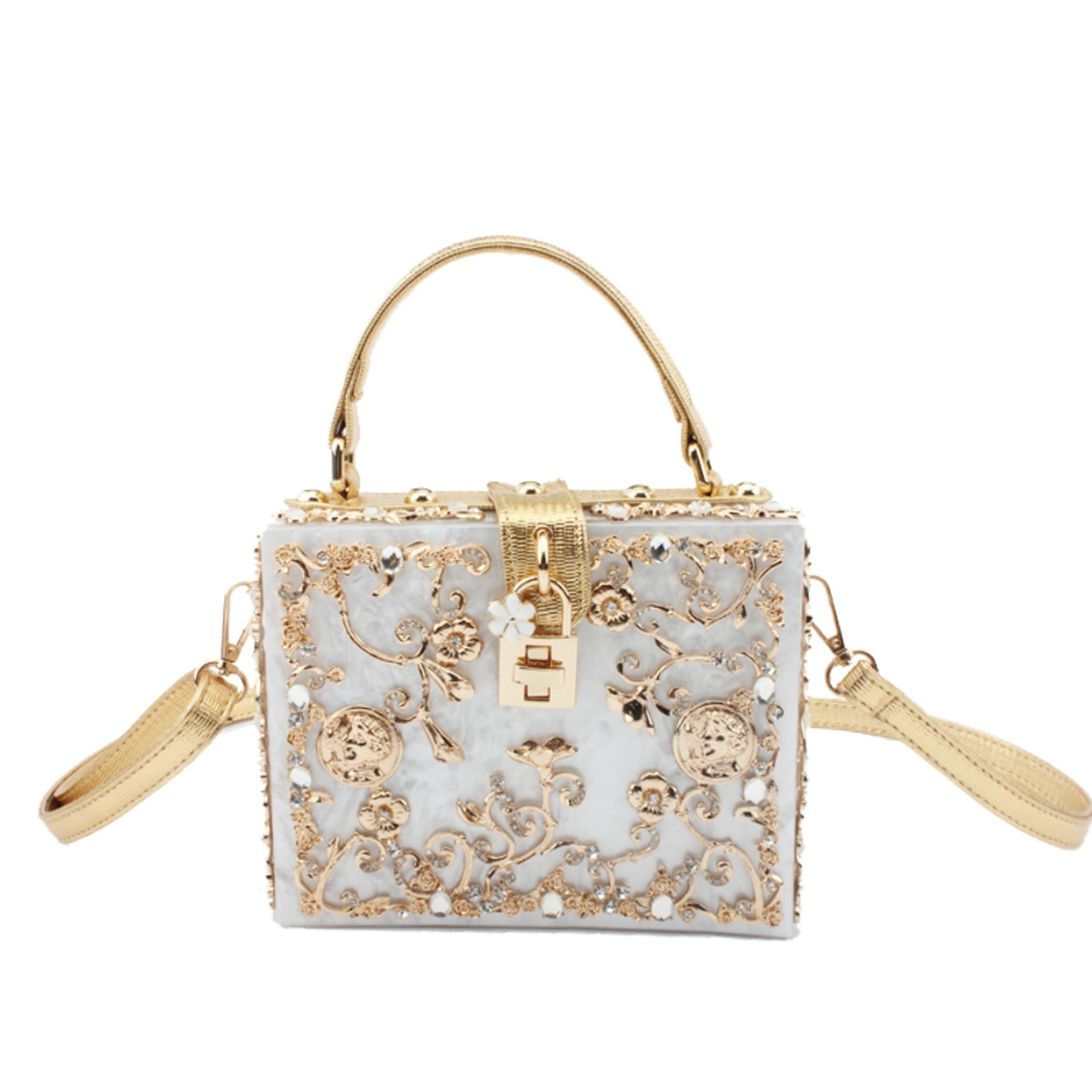 Acrylic Evening Bag Hollow Metal Carved Rhinestone Handbag Shoulder Crossbody Women's Bag