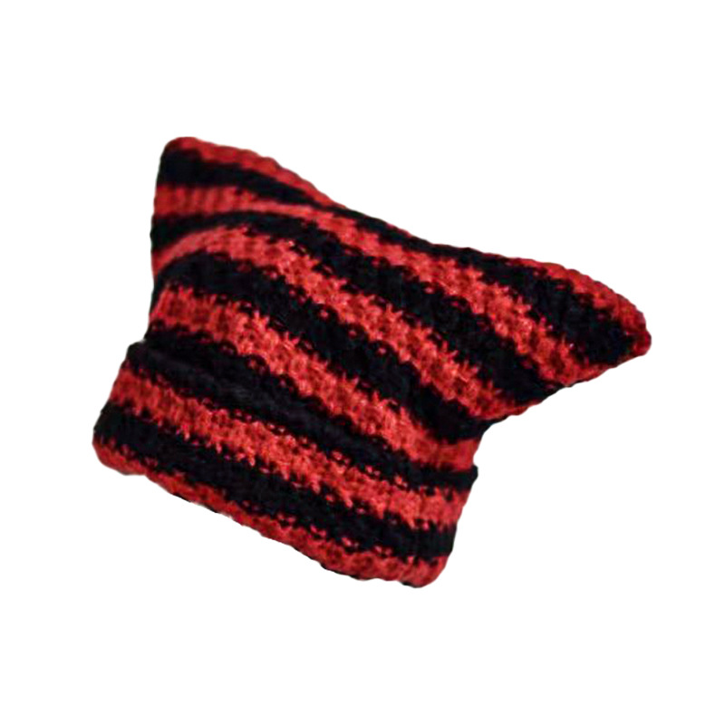 New striped little devil knitted hat autumn and winter ear-protecting warm face-showing pom-pom small wool hat